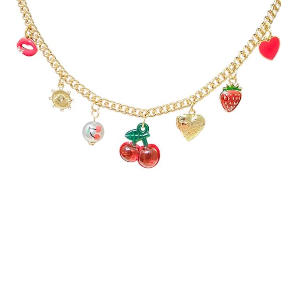 Gold‎ Tone Charm Necklace With Heart & Cherry Accents NWT 18+2 - Picture 1 of 7